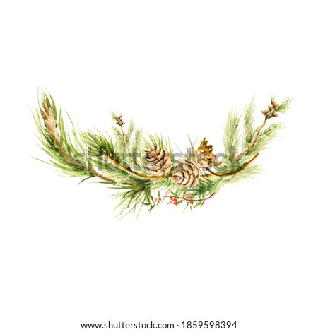 Watercolor Winter Christmas Clipart. Hand painted new year frame with pine cones and fir tree branches. Floral illustration for design, print or background