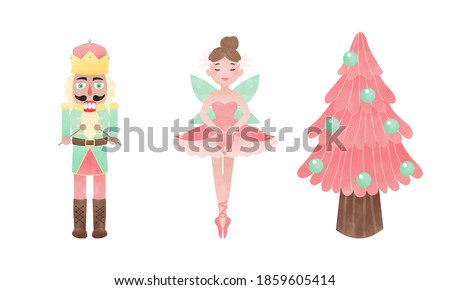 Nutcracker, ballerina, and pink Christmas tree. Fairy tale clip art. Watercolor effect vector.