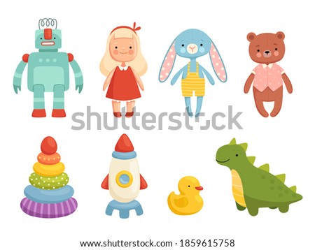 Set of popular childrens toys. Robot, doll, pyramid and other children's figures Royalty-Free Stock Photo #1859615758