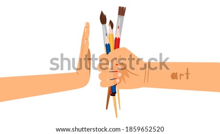 Art rejection flat concept illustration. Hand holding brushes and pencils painting supplies. Arm showing stop gesture isolated on white. Social problem, artwork rejecting metaphor