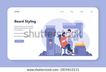 Barber web banner or landing page. Idea of hair and beard care. Scissors and brush, shampoo and haircut process. Hair treatment and styling. Isolated flat illustration