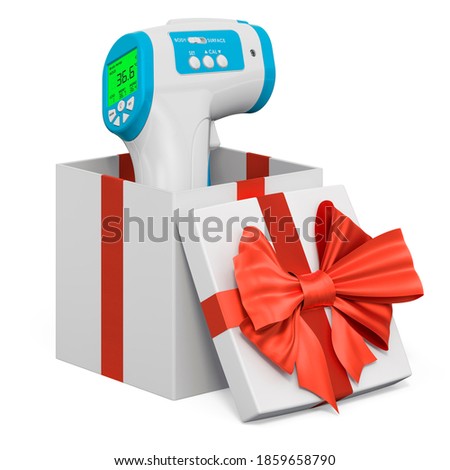 Non-contact infrared thermometer inside gift box, present concept. 3D rendering isolated on white background