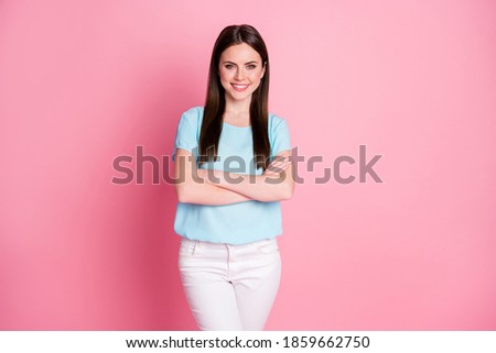 Photo of clever intelligent girl cross hands wear casual style outfit isolated pink color background