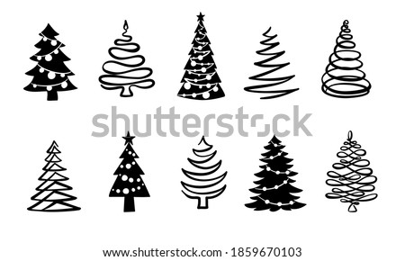 Christmas tree black and white symbols. Fir tree line drawing, vector icon. Holiday design elements isolated on white. Simple shape concept. For winter season cards, New year party posters and banners