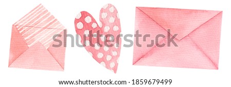Set of elements for Valentine's Day. Watercolor drawing. Pink closed and open envelope, heart. For festive design.