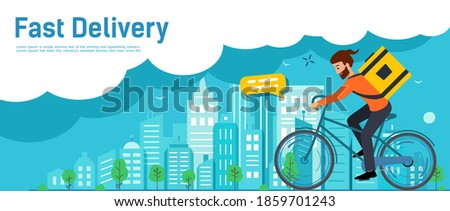 Fast Delivery order. Delivery guy walking around city on Bicycle. Blue horizontal Banner fast delivery food. Template layout poster or web. Vector illustration. 