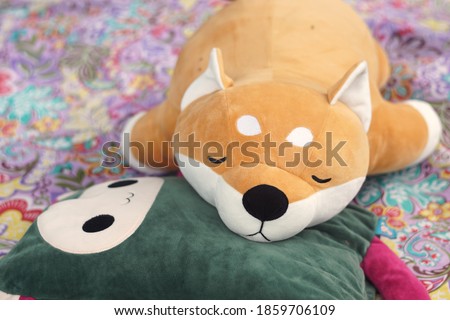 A cute dog doll sleeping on cartoon pillow and canvas for selective focus and blurred background.A happiness and relaxing concept.