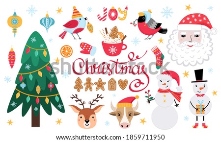 Set of cute Christmas or New Year elements. Santa Claus, fir tree, bull, reindeer, snowman, hot chocolate, gingerbread, bullfinch. Vector illustration isolated on white background. Flat cartoon design