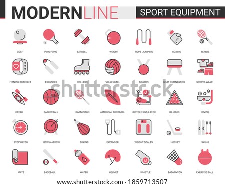 Sport fitness equipment red black flat line icon vector illustration set. Linear sport gear for sportsman symbols with sportswear, exercise gym item, football baseball badminton tennis game collection