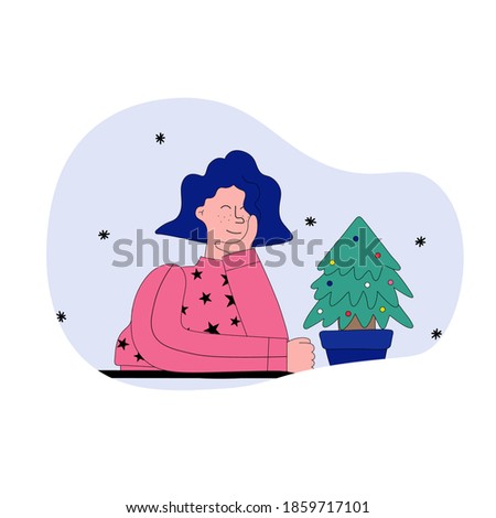 vector illustration in a frame - character girl sitting at the table and looking at a small Christmas tree in a pot. A joyful face with a smile and a festive atmosphere. Cozy cute lat style - isolated