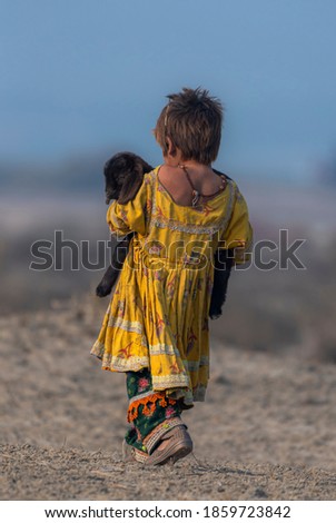 cute little shepherdess with cute 
 new born goat in fields,
nomadic life of shepherds traveling with sheep in the the dust