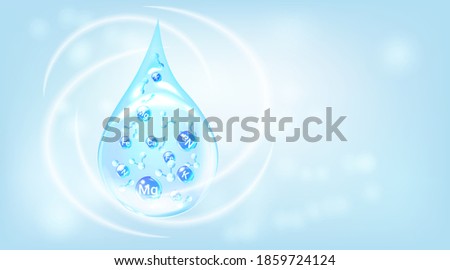 Mineral water template. Blue drops with mineral molecules.  Healthy water modern tag. Royalty-Free Stock Photo #1859724124