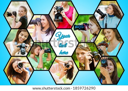 Photo collage Young women is photographed by a professional camera.