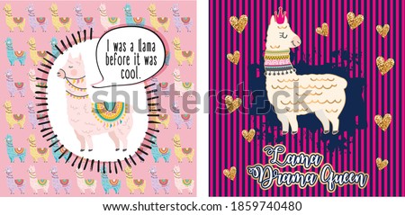 Two illustration of festive llama vector images with positive motivational messages in bright pastel colors with dynamic background elements