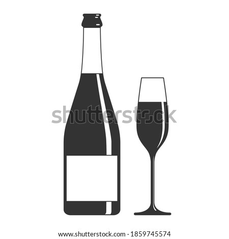 Champagne bottle and glass graphic icon. Bottle and glass of champagne sign isolated on white background. Vector illustration