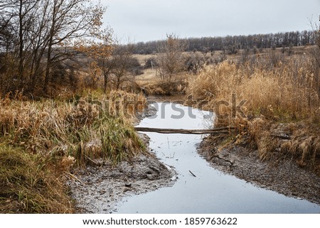 Frozen river, ice. Crossing the river. Autumn, winter, nature.