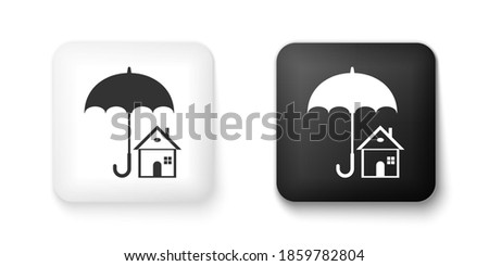 Black and white House with umbrella icon isolated on white background. Real estate insurance symbol. Protection, safety, security, protect, defense concept. Square button. Vector.