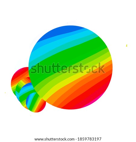 Large vividly multi-coloured striped circle sphere overlapping smaller similar circles grouped together, isolated on white background