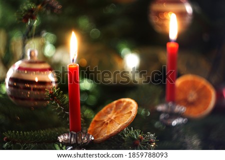 Red burning candle on christmas tree. Selective focus