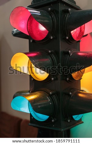 Vintage Traffic Lights with Red Light: Street Signal.