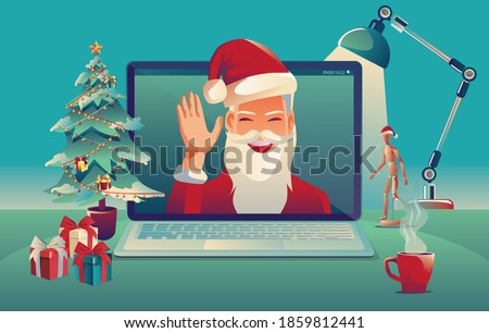 Family Use video conference Christmas and Happy new year concept enjoy the celebration, decoration, holding gift with Merry Christmas greeting tree in Blue backgrounds pine tree, Vector Illustration 