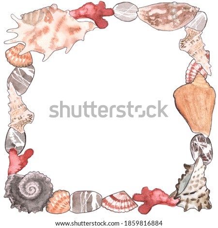 Frame made of sea shells, stones, corals. Object composed of watercolor elements. Design for cards, invitations, frames for photos and drawings.