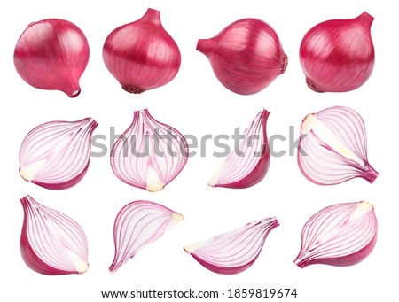 Rich collection of delicious red onion whole bulbs and pieces, isolated on white background Royalty-Free Stock Photo #1859819674