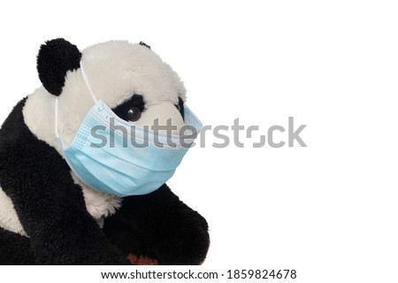 Panda doll wearing a mask to prevent the coronavirus disease (COVID-19) isolated on white background. Medical and Healthcare concept.