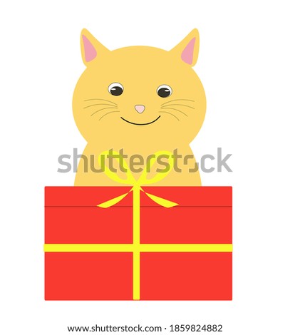 Vector illustration of a cute ginger cat with a gift isolated on white background