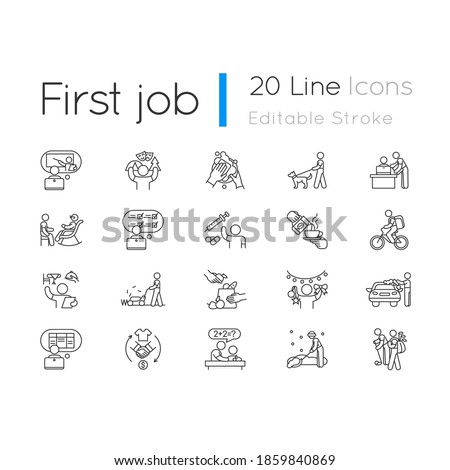 Teenager work experience linear icons set. Barista. Golf caddy. Camp counselor. Car washer. Dog walker. Customizable thin line contour symbols. Isolated vector outline illustrations. Editable stroke