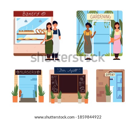 people business restaurant, nursery and facade stores vector illustration