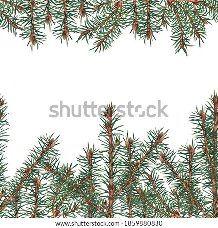 Frame of realistic woodland fir branches with upper and bottom seamless borders. Christmas and New Year tree. Watercolor hand painted isolated elements on white background.