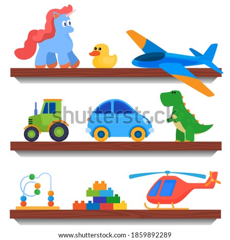 Set of toys. Children's games. Soft toys, cars, dolls. isolated vector illustration