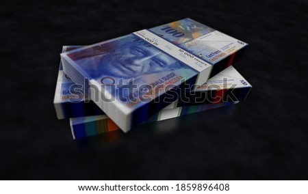Swiss Franc, money pack 3d illustration. Switzerland 100 CHF banknote bundle stacks. Concept of finance, cash, economy crisis, business success, recession, bank, tax and debt.