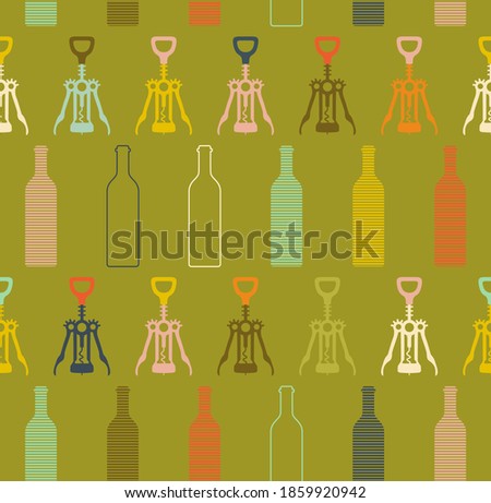 Vector seamless pattern with bottles and  bottle opener. Wine list design. Wine shop logo. Restaurant, cafe or bar seamless illustration. 