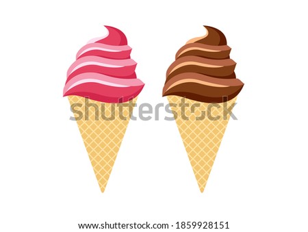 Delicious strawberry and chocolate ice cream cone icons set. Strawberry ice cream cone icon. Chocolate ice cream clip art. Fresh pink and brown ice cream icons isolated on a white background