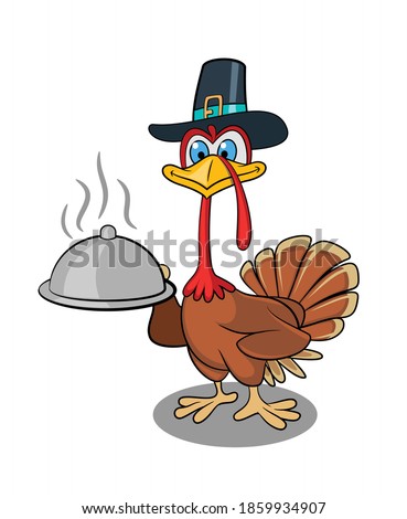 Vector illustration of Thanksgiving Turkey cartoon with a serving dish 