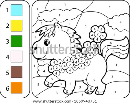 
Color the cute beautiful pony
 by numbers. Cartoon Coloring Book for Kids - Worksheet