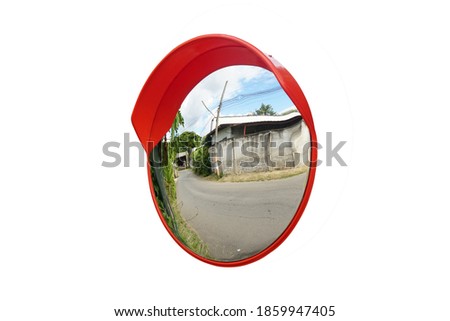 
Convex curved glass or  
convex mirror isolated on a white background. Show the virtual image is vertical, smaller than the real thing.