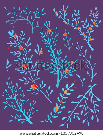 Blooming wild herbs flowers and leaves in blue color watercolor style decorative design elements collection.