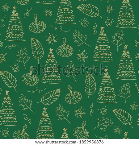 Christmas tree green ana leaves seamless pattern background.