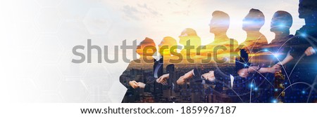 Industrial economic Business and engineering technology factory, workers planning working project digital access control, work holding blueprint, copyspace banner double exposure abstract background Royalty-Free Stock Photo #1859967187