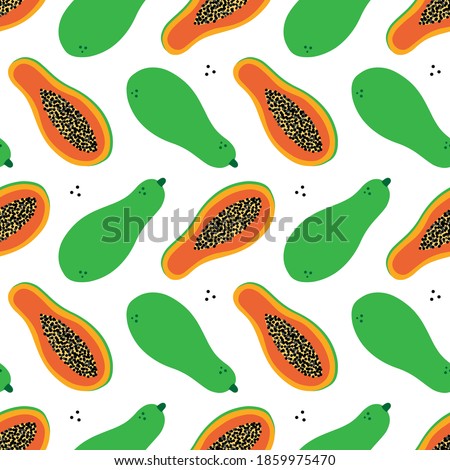 Papaya fruit, whole and cut in half with pulp and seeds vector seamless pattern background.