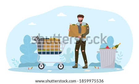 Dirty male bum character wearing ragged clothing. Homeless beggar picking up garbage on street and putting it to shopping cart. Flat cartoon vector illustration
