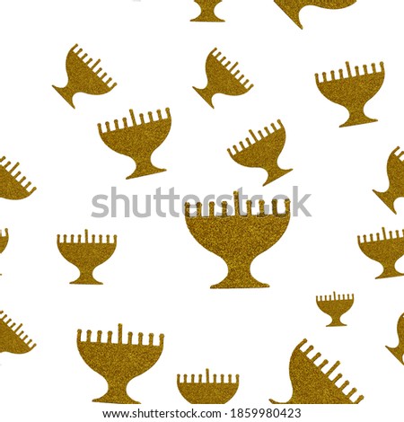Jewish holiday Hanukkah seamless pattern background. Golden menorah isolated on white.