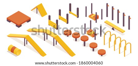 Isometric collection of dog agility training equipment isolated on white background. Orange and yellow objects good for outdoor pet school design  Royalty-Free Stock Photo #1860004060