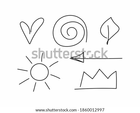 Doodle elements set. Heart, spiral, leaf, sun, arrow, crown drawn by hand. Vector illustration.