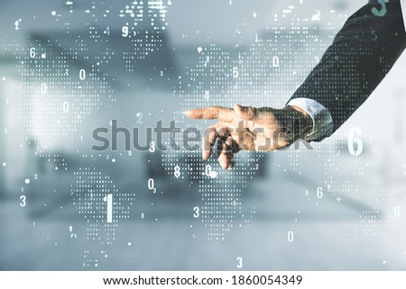 Male hand clicks on abstract virtual coding illustration and world map on blurred office background, international software development concept. Multiexposure