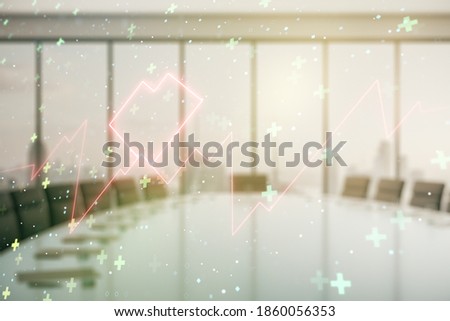 Abstract virtual concept of heart pulse illustration on a modern conference room background. Medicine and healthcare concept. Multiexposure