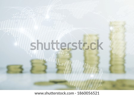 Double exposure of abstract digital world map hologram with connections on growing stacks of coins background, research and strategy concept